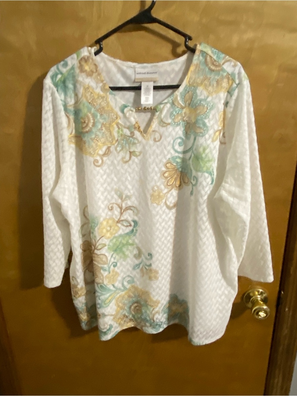 Alfred Dunner White V-Neck Blouse with Pastel Green and Gold Floral Embroidery